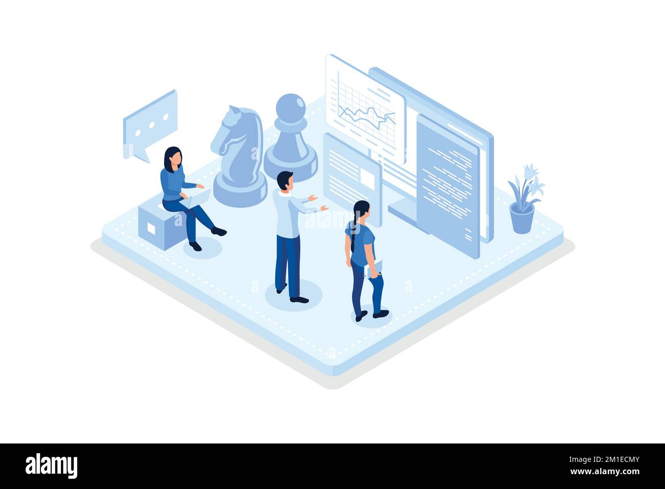Business strategy, Characters moving chess figure, demonstrating financial growth, isometric vector modern illustration Stock Vector