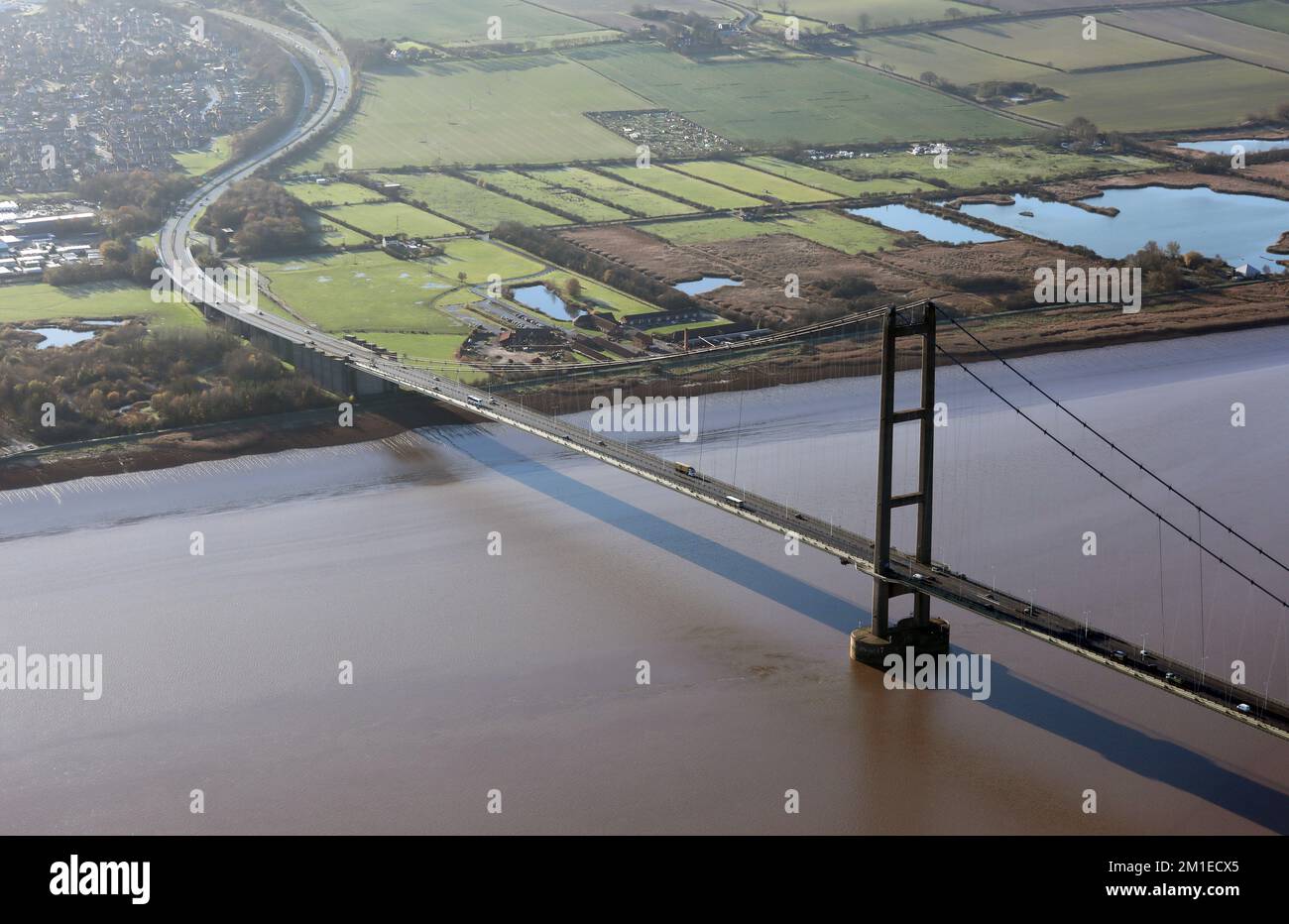 aerial view of the South tower of The Humber Bridge in Lincolnshire, UK Stock Photo