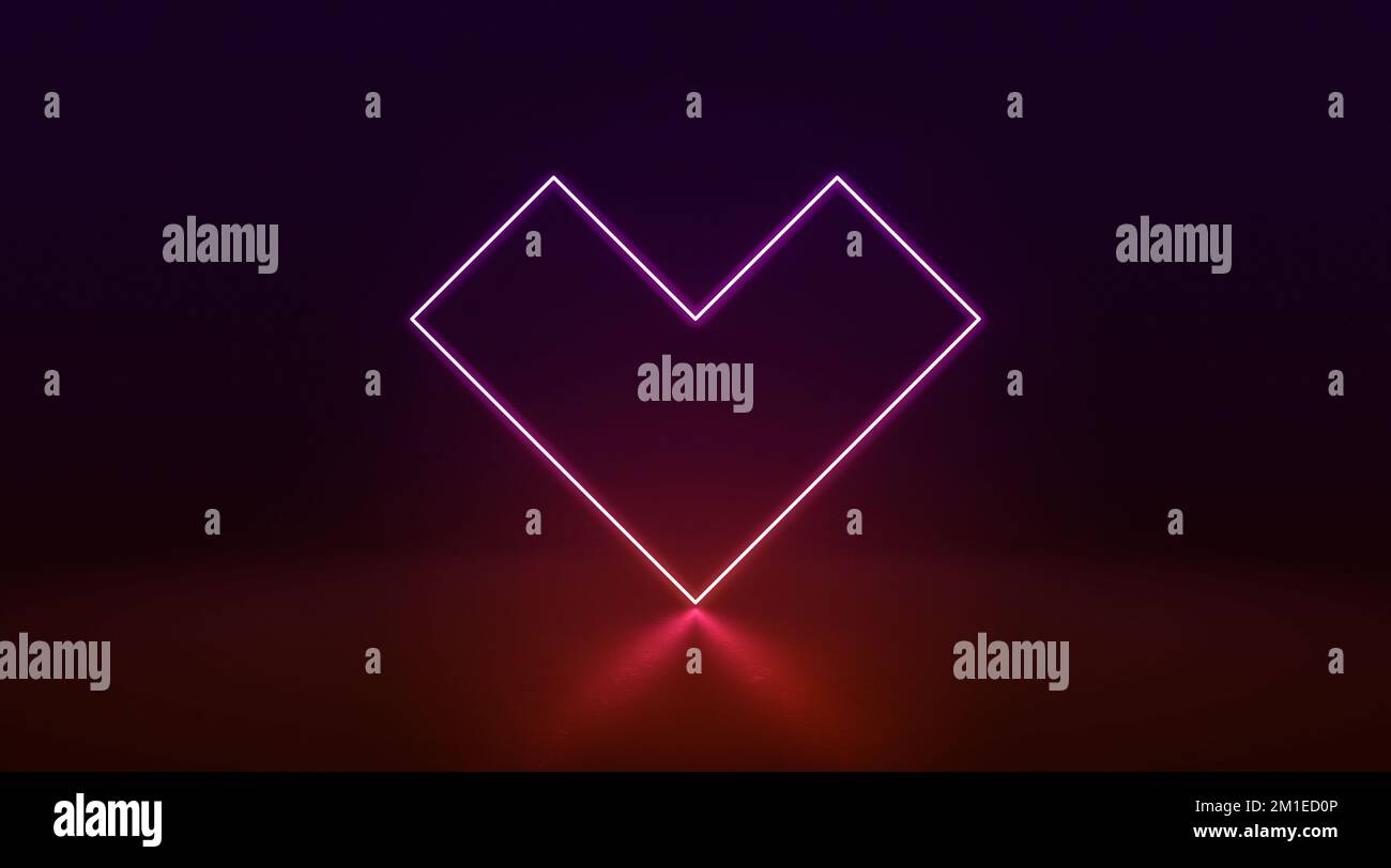 Colored neon glowing heart frame stand in darkness, 3d rendering