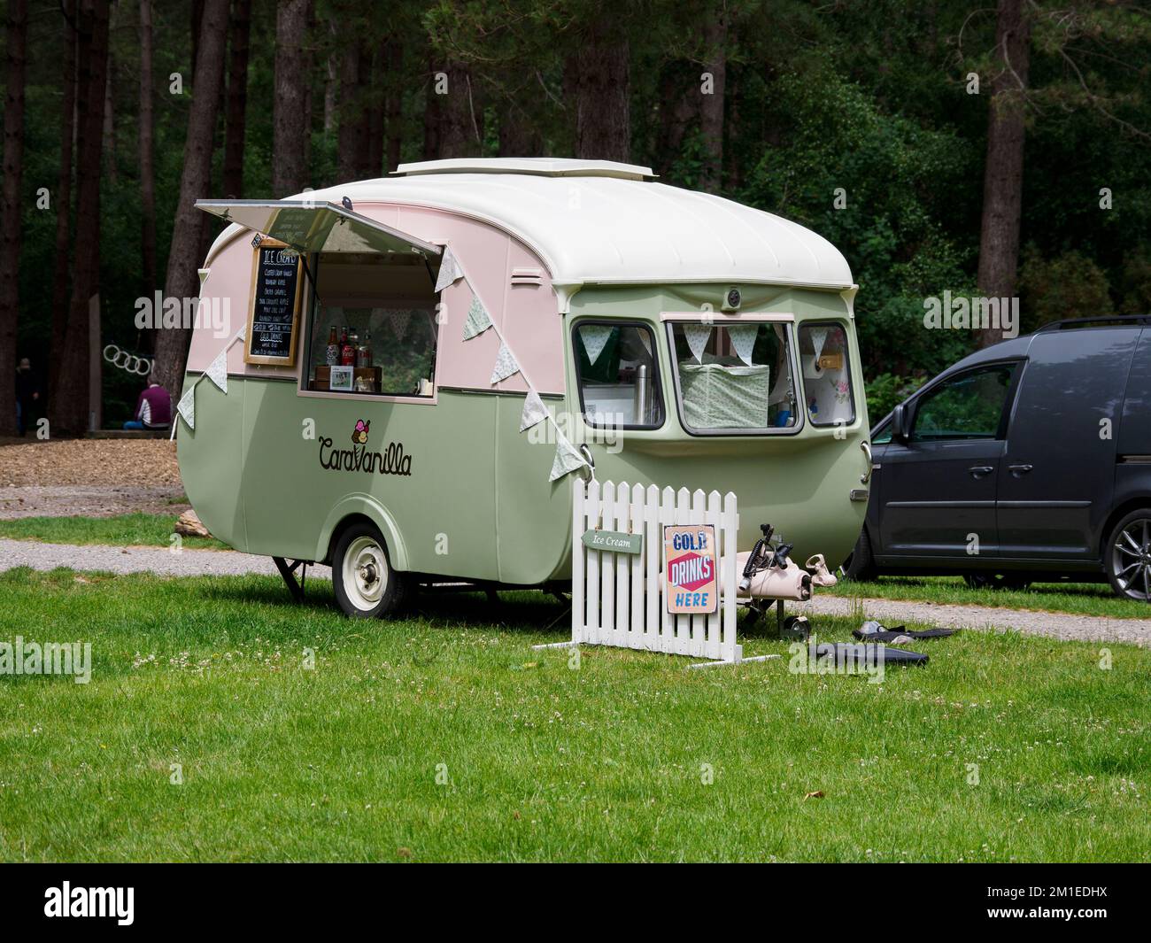 Vintage caravan used to sell ice creams at a beauty spot, Forest of Bere, Fareham, Hants, UK Stock Photo