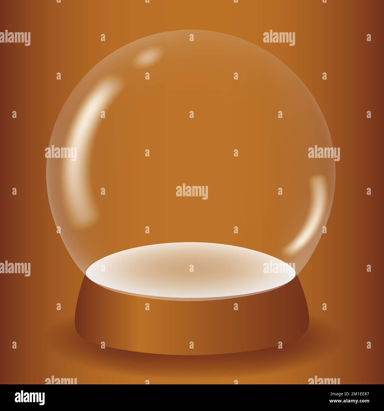 Empty transparent snow globe 3D on a golden background. White podium under a glass dome for product promotion. Design element for various holidays and Stock Vector