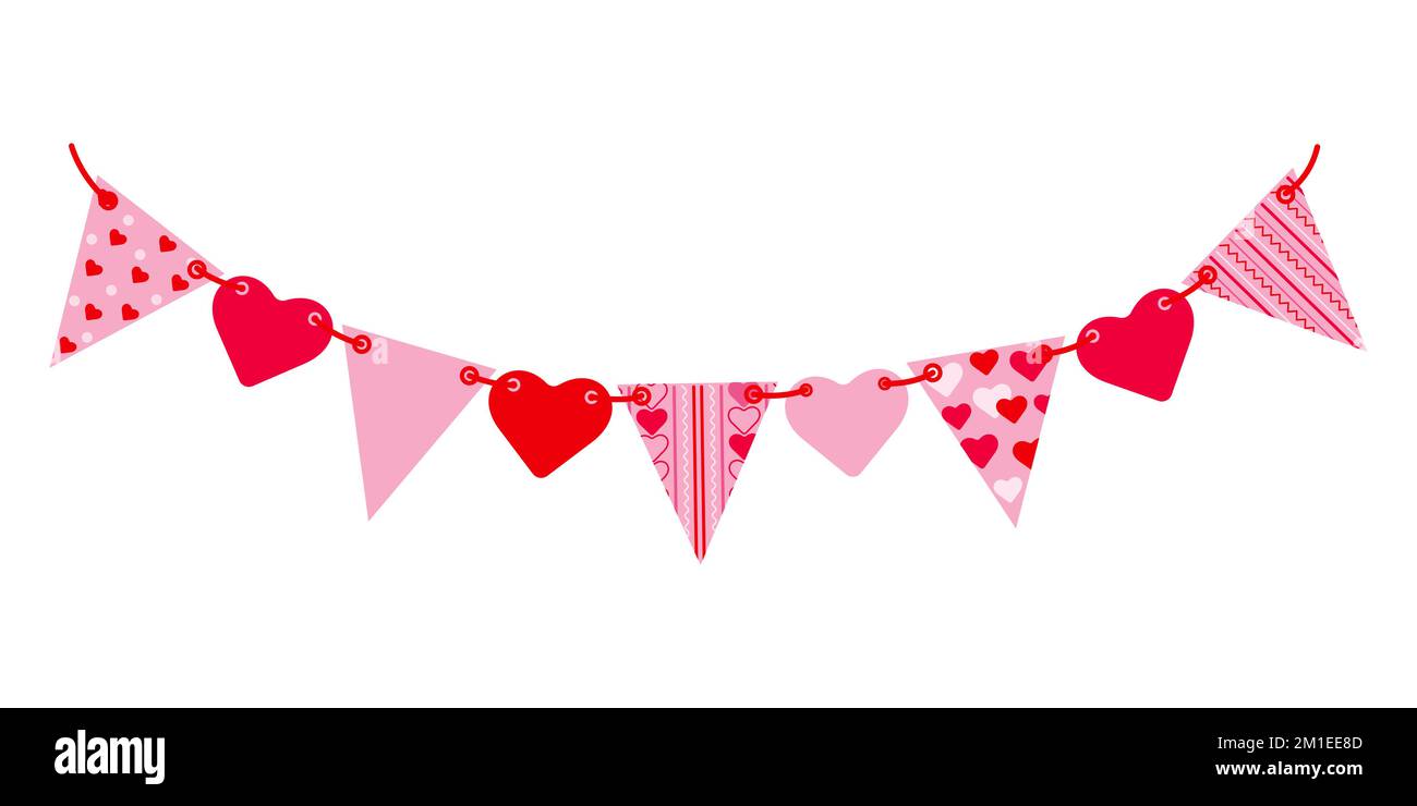 Garland with striped and plain triangular flags and hearts on a string. Festive garland with pink flags isolated on white. Vector illustration. Stock Vector