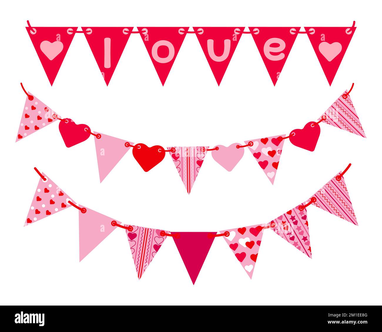 A set of festive flags on a rope of different types in a flat style. Garland with flags. Cute design element for Valentine's Day, birthday or carnival Stock Vector