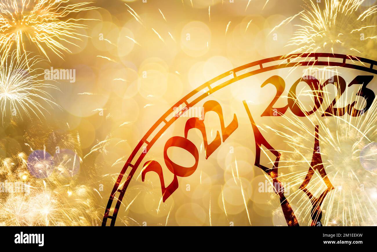 New Year concept, clock near to the midnight of 2023, fireworks golden ...