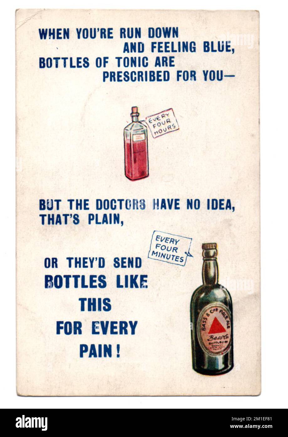 vintage Bamforth postcard from the Comic Series Number 2043 'When You're Run Down And Feelin Blue, Bottles Of Tonic Are Prescribed For You Stock Photo