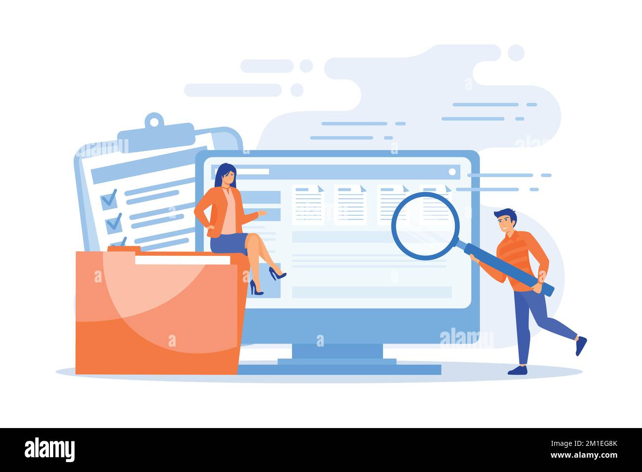 Tiny business people with magnifier work with document management on computer. Document management soft, document flow app, compound docs concept, fla Stock Vector