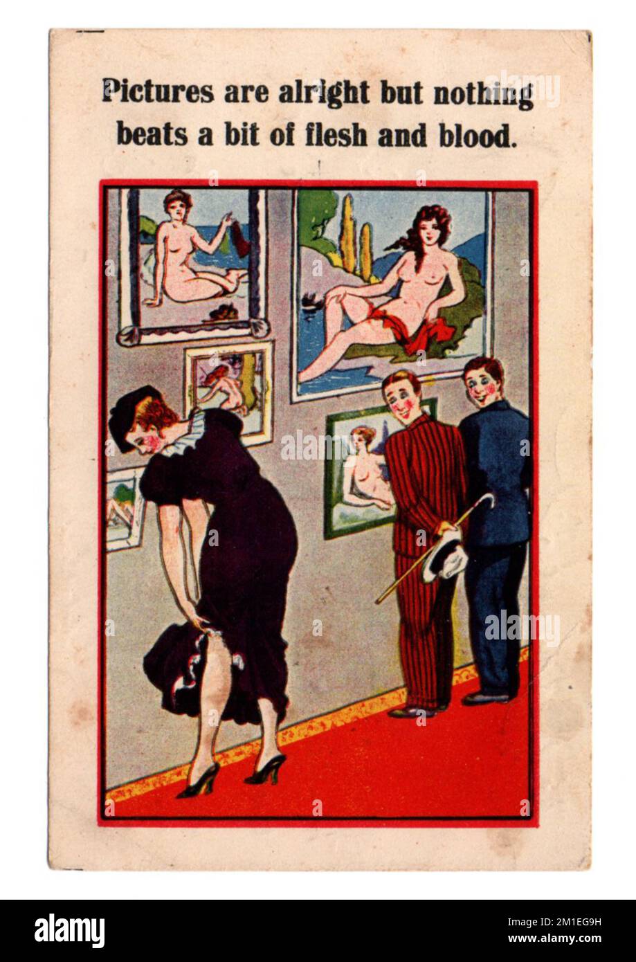 vintage Comic postcard from 1947 'Pictures Are Alright But Nothing Beats A Bit Of Flesh And Blood. vintage seaside humour. Stock Photo