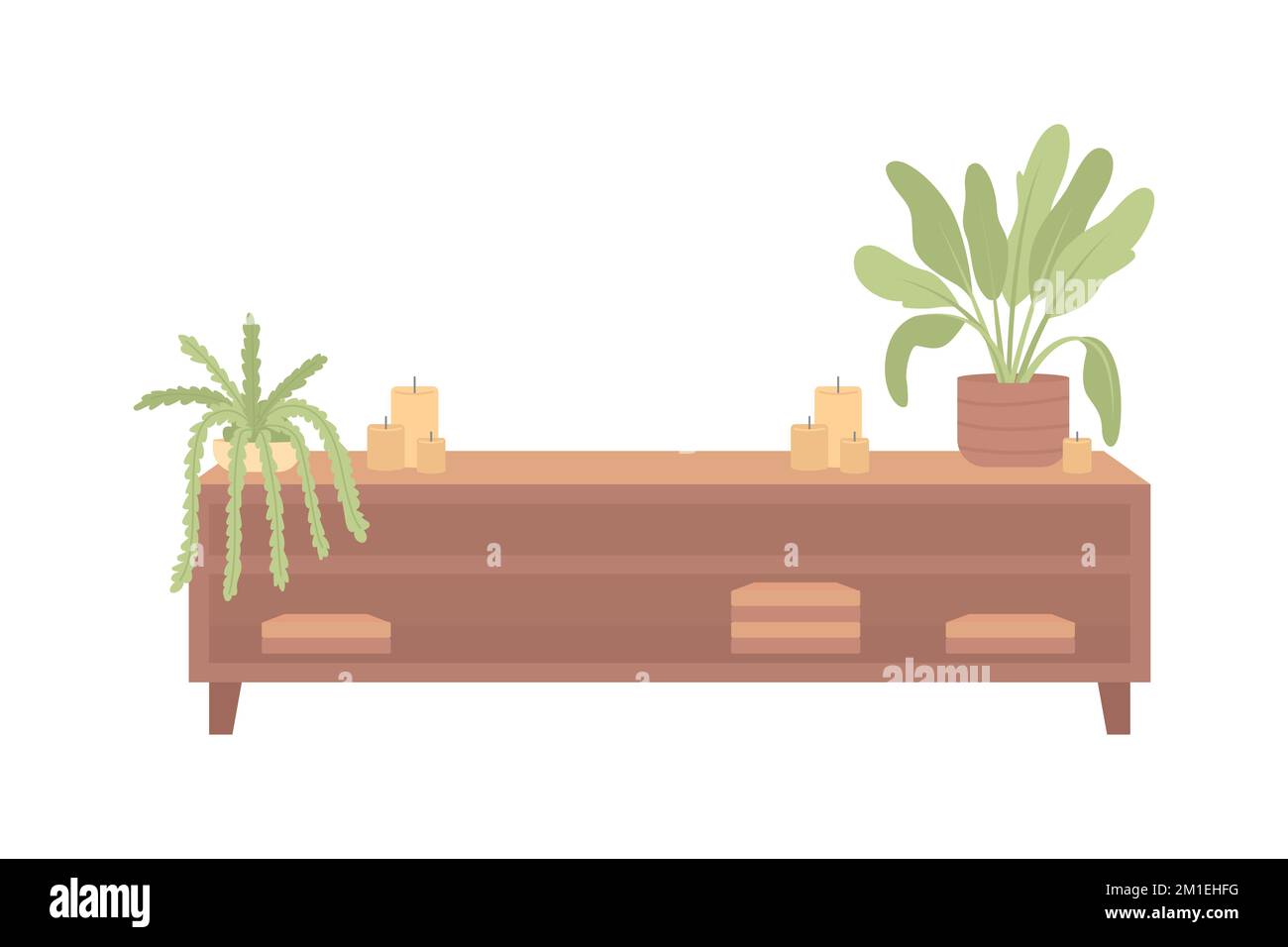 Stand with houseplants and candles semi flat color vector objects Stock Vector