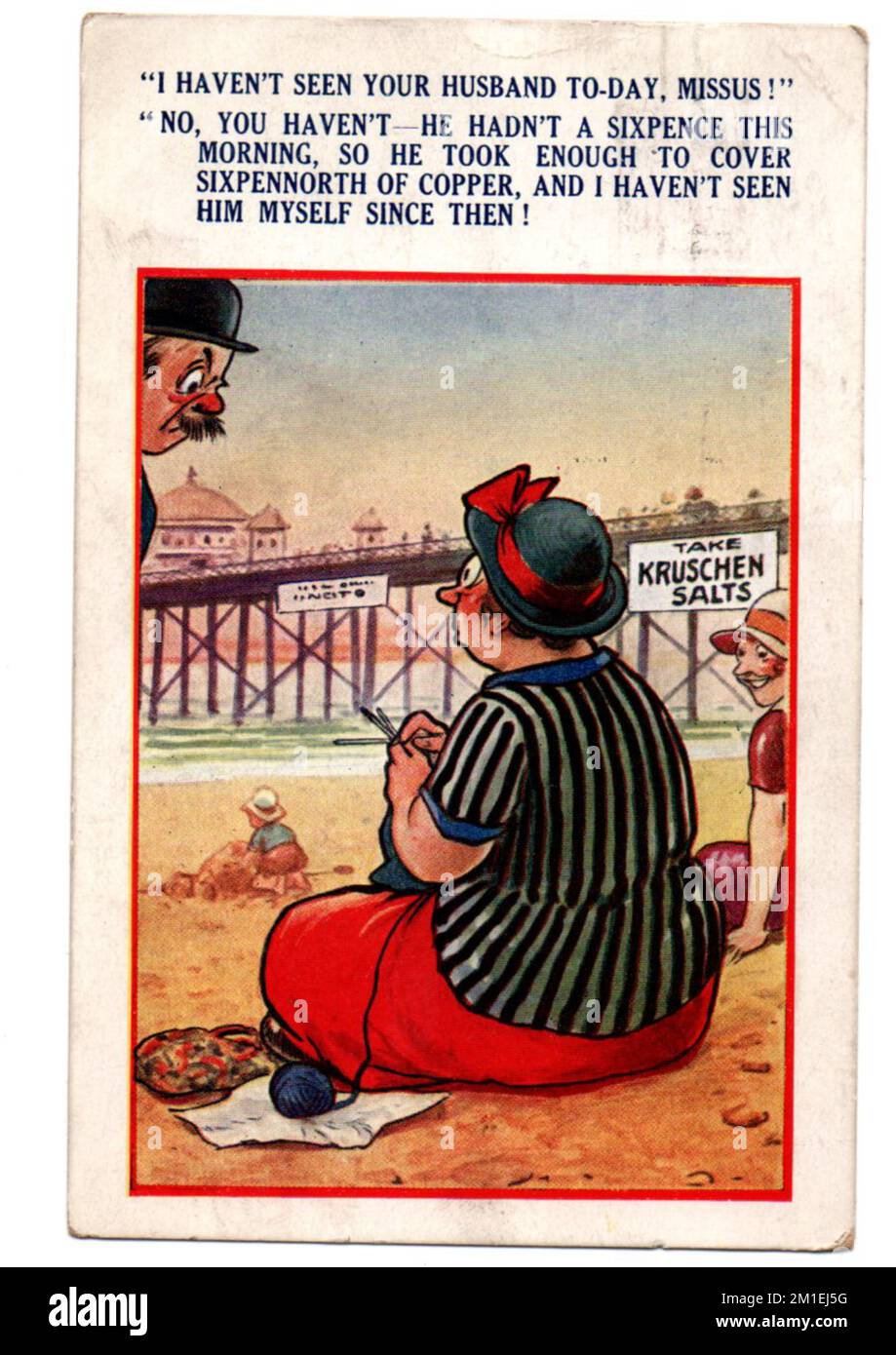 Bamforth 1930's Comic postcard showing woman sat on blackpool beach in conversation with a man about the wgereabouts of her husband Stock Photo