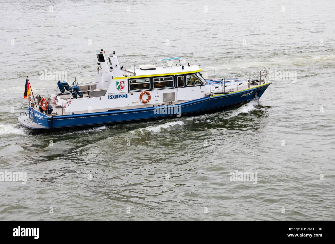 German Polizei river patrol boat,Duisburg WSP6, on the  River Rhine, Koln Cologne Germany. Polizeiboot, wasserschutzpolizei des landes, Rheinstreifenb Stock Photo