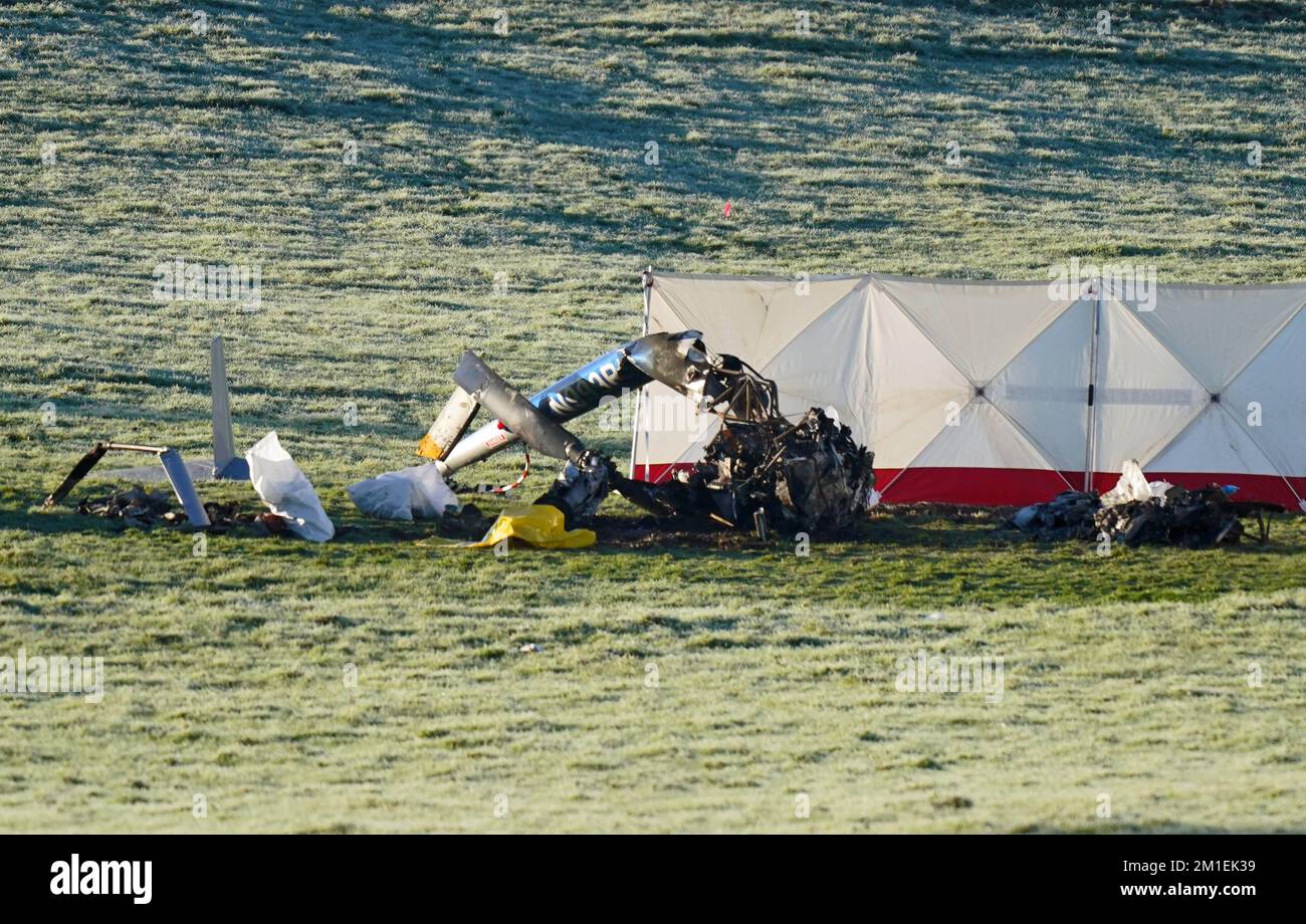 The scene of a helicopter crash near Kilcullen in Co Kildare, Ireland. The helicopter crashed