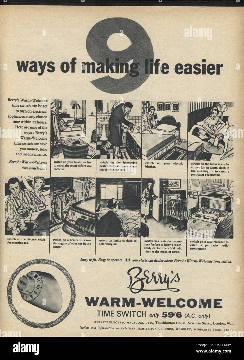 !960's advertisement for 'Berrys Warm Welcome Time Switch' from the Homemaker Magazine an early DIY magazine. Stock Photo
