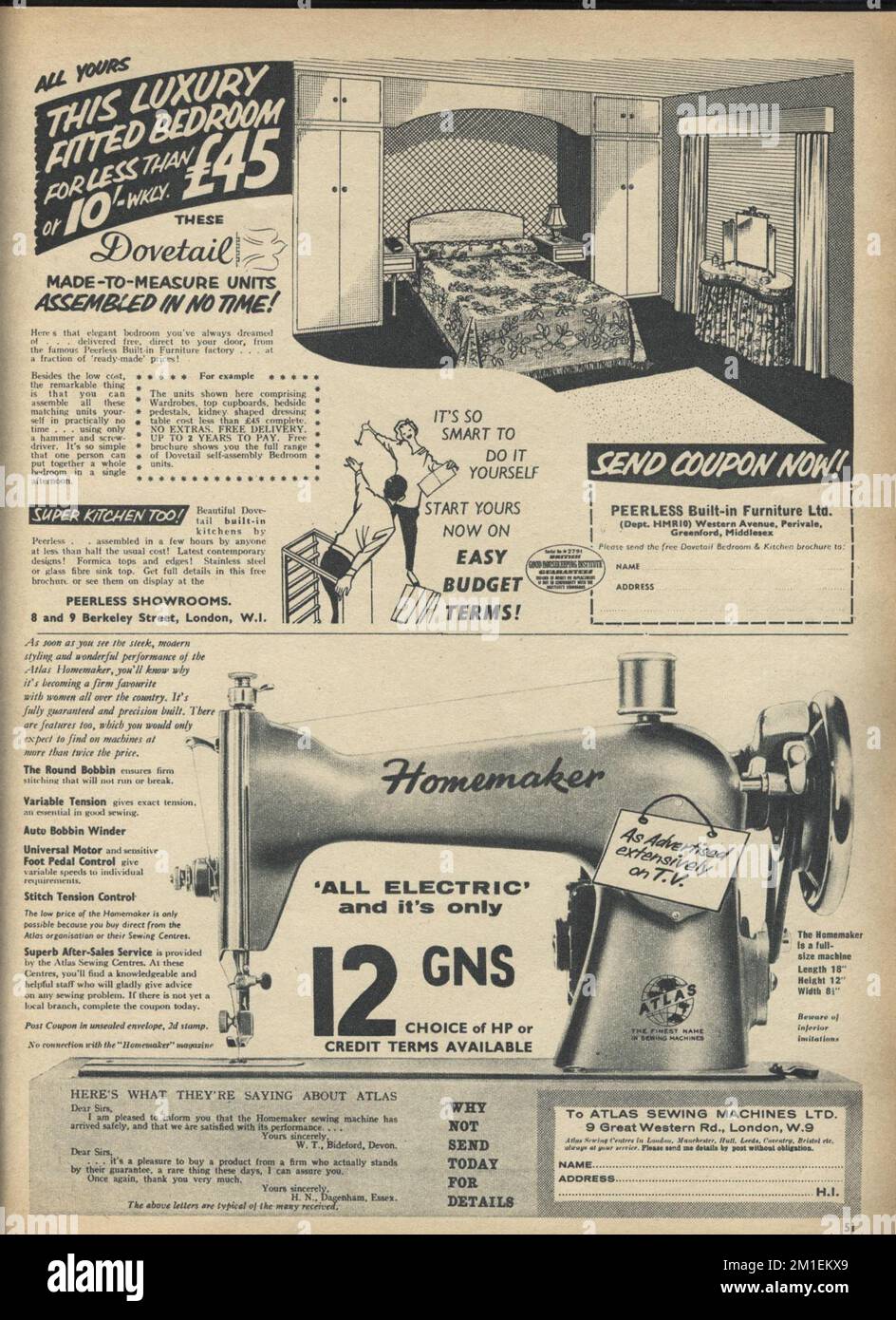 Advert in Homemaker magazine from 1960's for Singer sowing machine and also for a fitted bedroomGood for research and as a background for copy text. Stock Photo