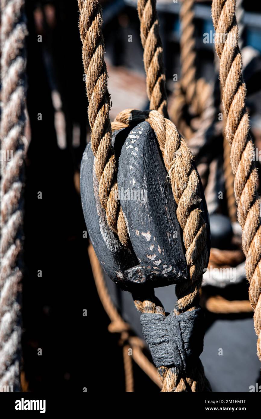 A vertical shot of ropes on a boat Stock Photo Alamy