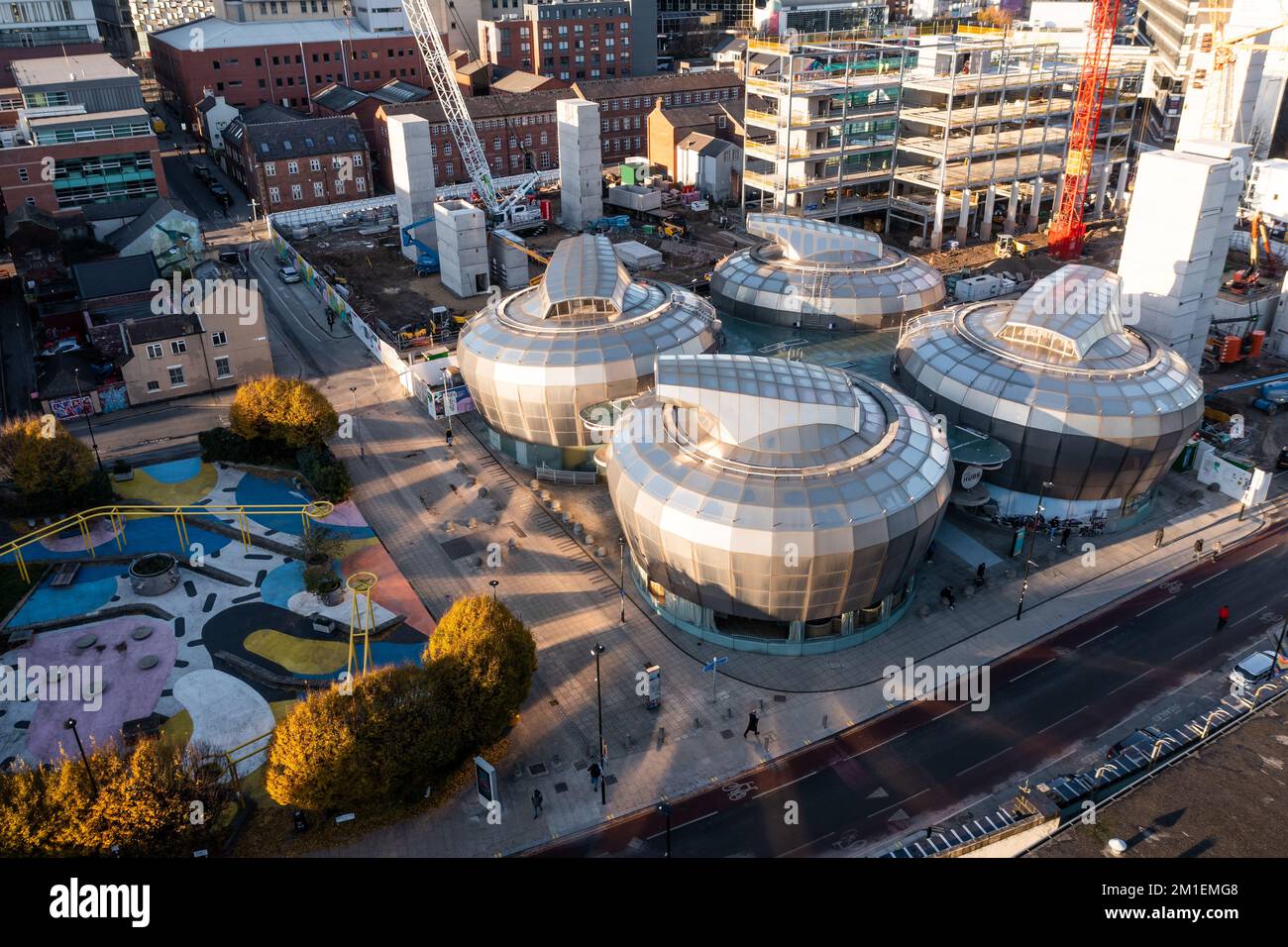 SHEFFIELD, UK - DECEMBER 7, 2022.  An aerial view of Sheffield Hallam University Students’ Union buildings known as The Hubs Stock Photo