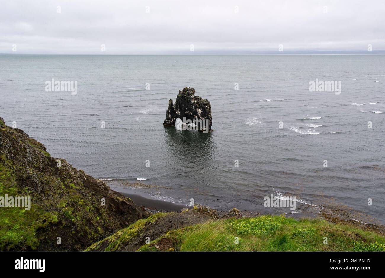 Landscape of Hvitserkur basalt stack near the shore of Vatnsnes ...