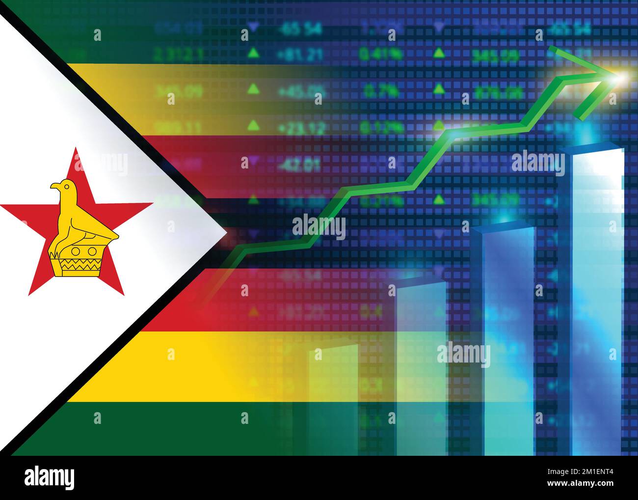 Economic growth in Zimbabwe.Zimbabwe's stock market.Zimbabwe flag with