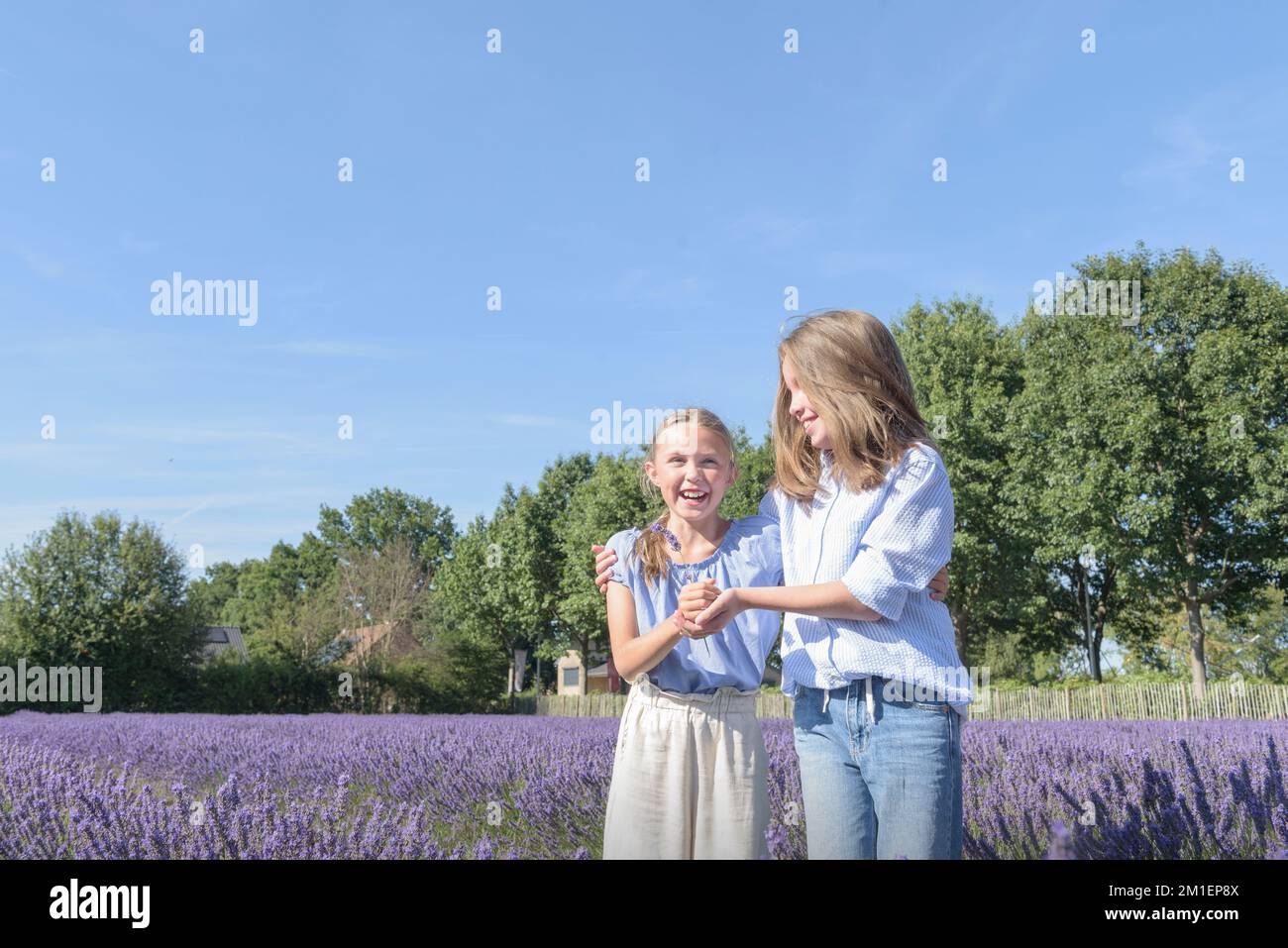 Two teen girls, friends in the middle of a blooming lavender field. The joy of childhood. lifestyle Stock Photo