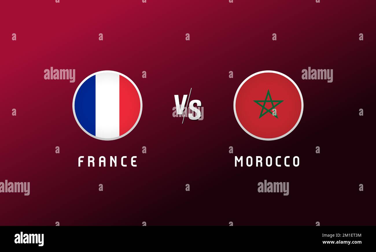 France vs Morocco flag round emblem. Football background with French and Moroccan national flags logo. Sport vector Illustration for tournament design Stock Vector