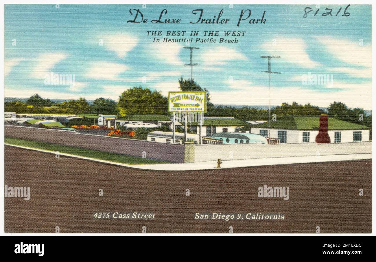 De Luxe Trailer Park, The Best in the West in Beautiful Pacific Beach, 4275  Cass Street, San Diego 9, California , Tichnor Brothers Collection,  postcards of the United States Stock Photo - Alamy