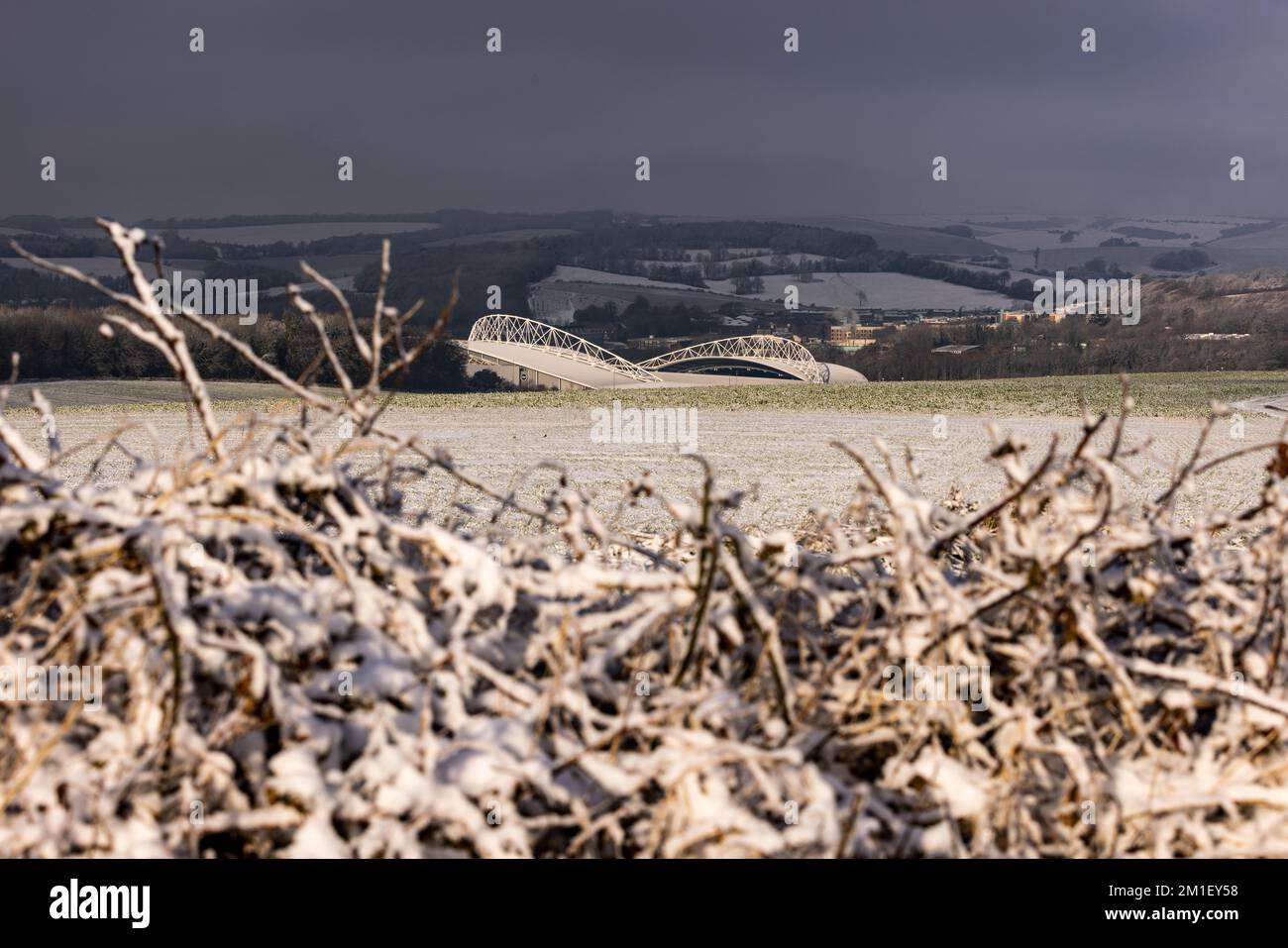 Brighton, UK. 12th Dec, 2022. The view of Brighton and Hove Albion FC American Express Community Stadium during recent snow on South Downs in Falmer, Sussex. Credit: Steven Paston/Alamy Live News Credit: steven paston/Alamy Live News Stock Photo