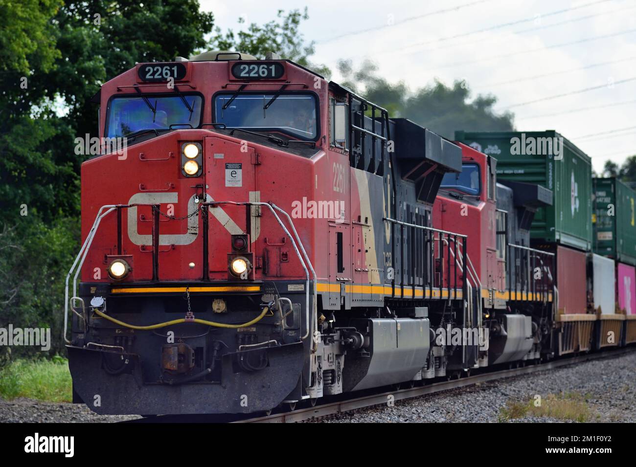 Wayne, Illinois, USA. Two Canadian National Railway locomotives lead an intermodal freight train through northeastern suburbs of Chicago. Stock Photo