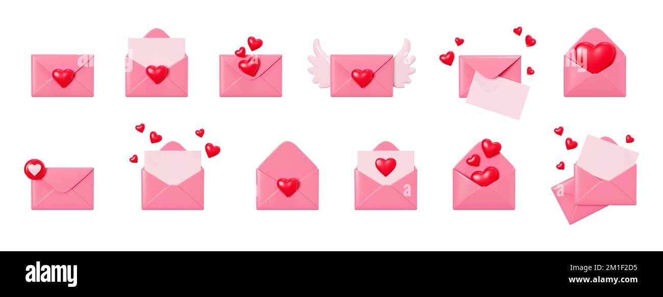 Love letter 3d render - pink envelope closed and open with paper card ...