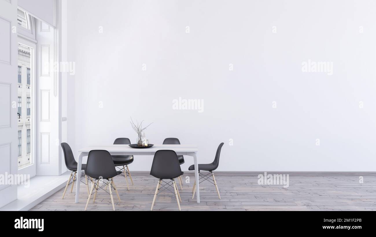 Minimalist elegant dining room. Empty modern white wall mockup in a ...