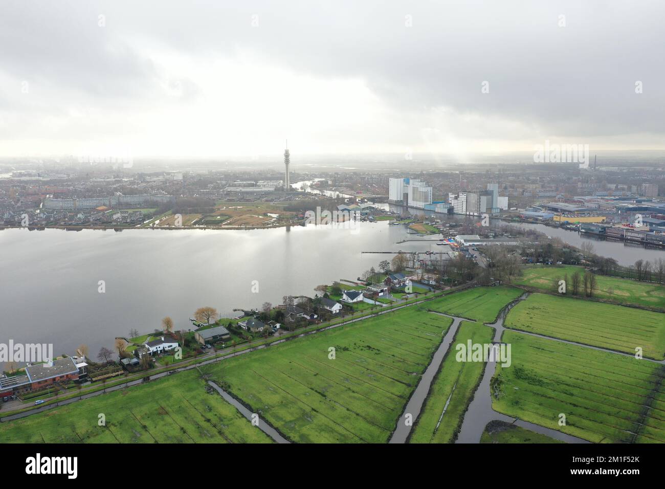 An aerial view of a city at a river Stock Photo - Alamy