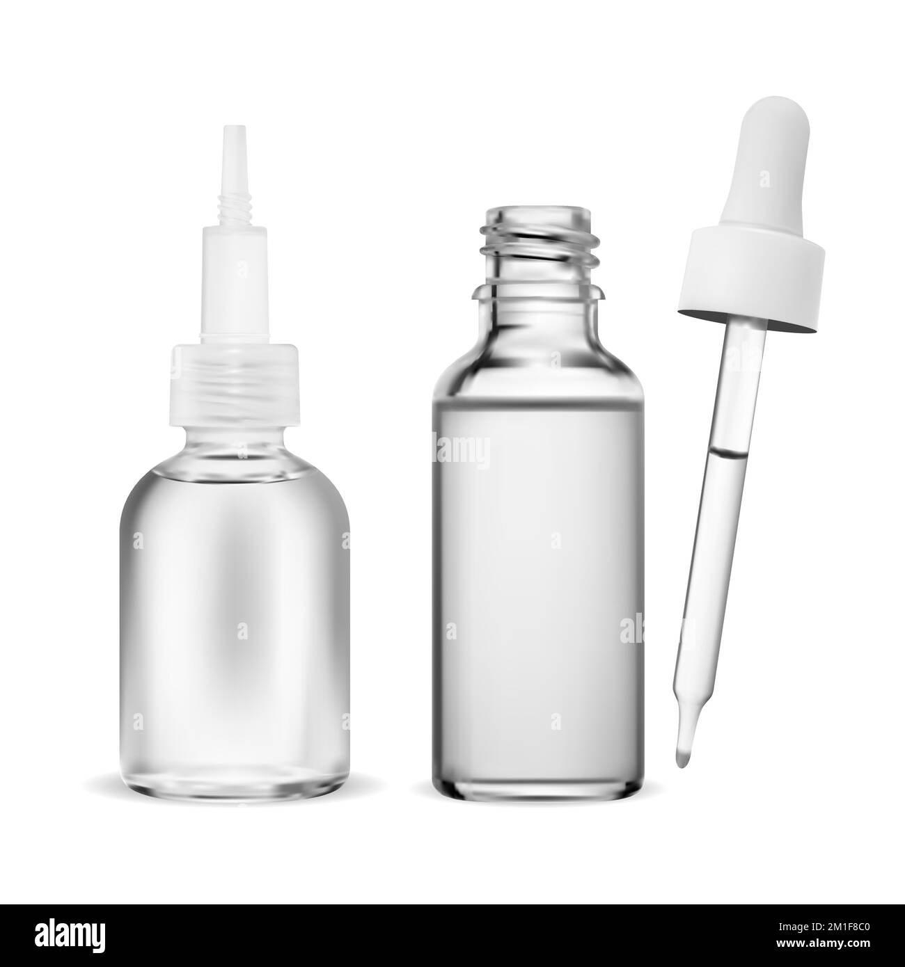 Clear glass bottle with a white cap houses a cosmetic serum that uses a