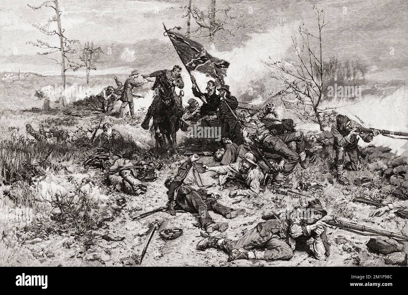 Confederate troops under pressure during a battle during the American Civil War.  After the 19th century painting by Gilbert Gaul, On the Confederate Line of Battle - With Fate Against Them. Stock Photo