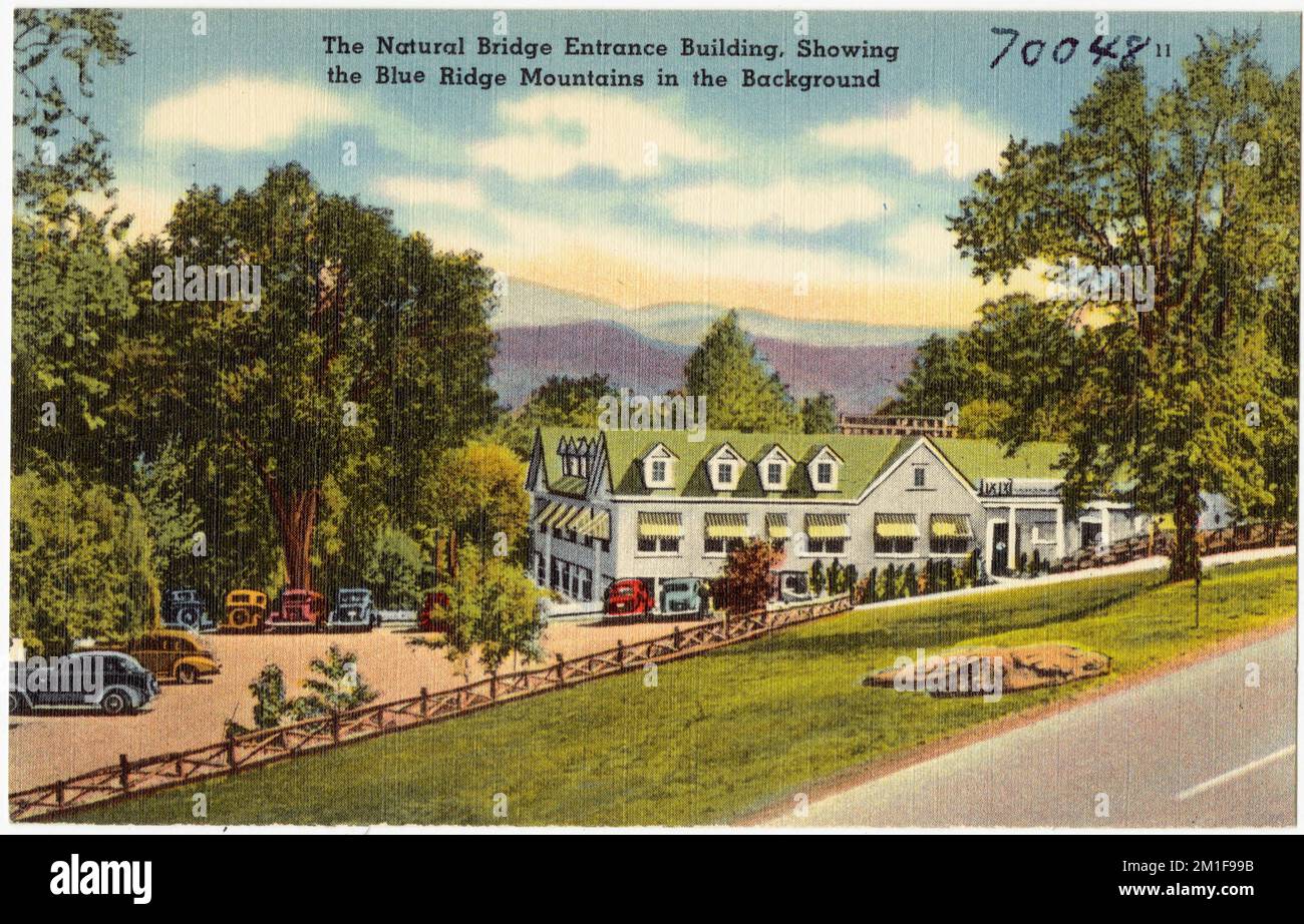 The Natural Bridge Entrance Building, showing the Blue Ridge Mountains
