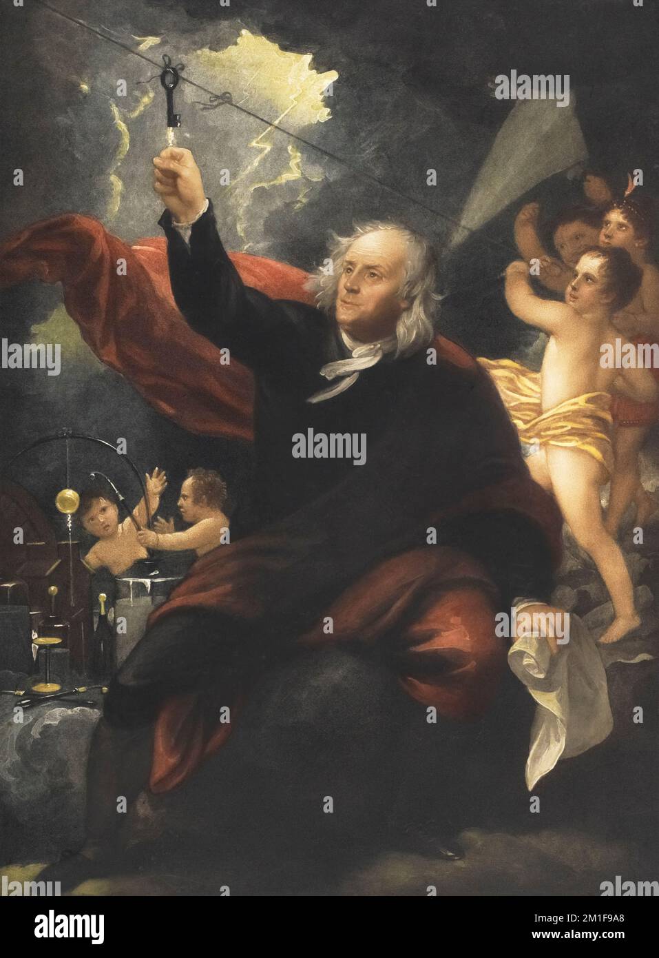 Romanticized painting of Benjamin Franklin's 1752 experiment when he flew a key attached to a kite into a thunderstorm to show that lightning was electrcity.  After the painting by Benjamin West. Stock Photo