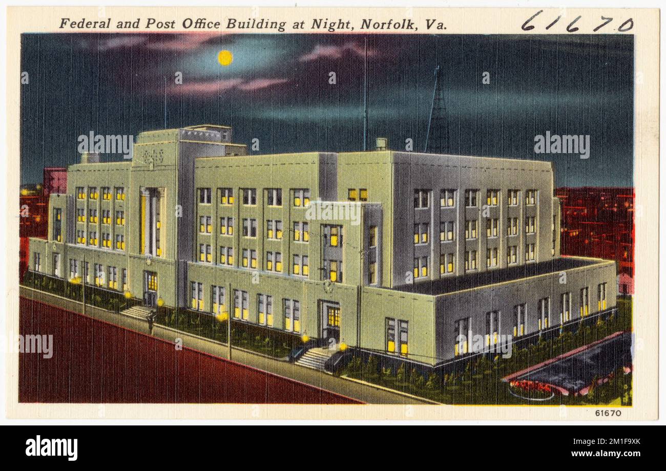 New Federal and post office building at night, Norfolk, Va. , Post offices, Government