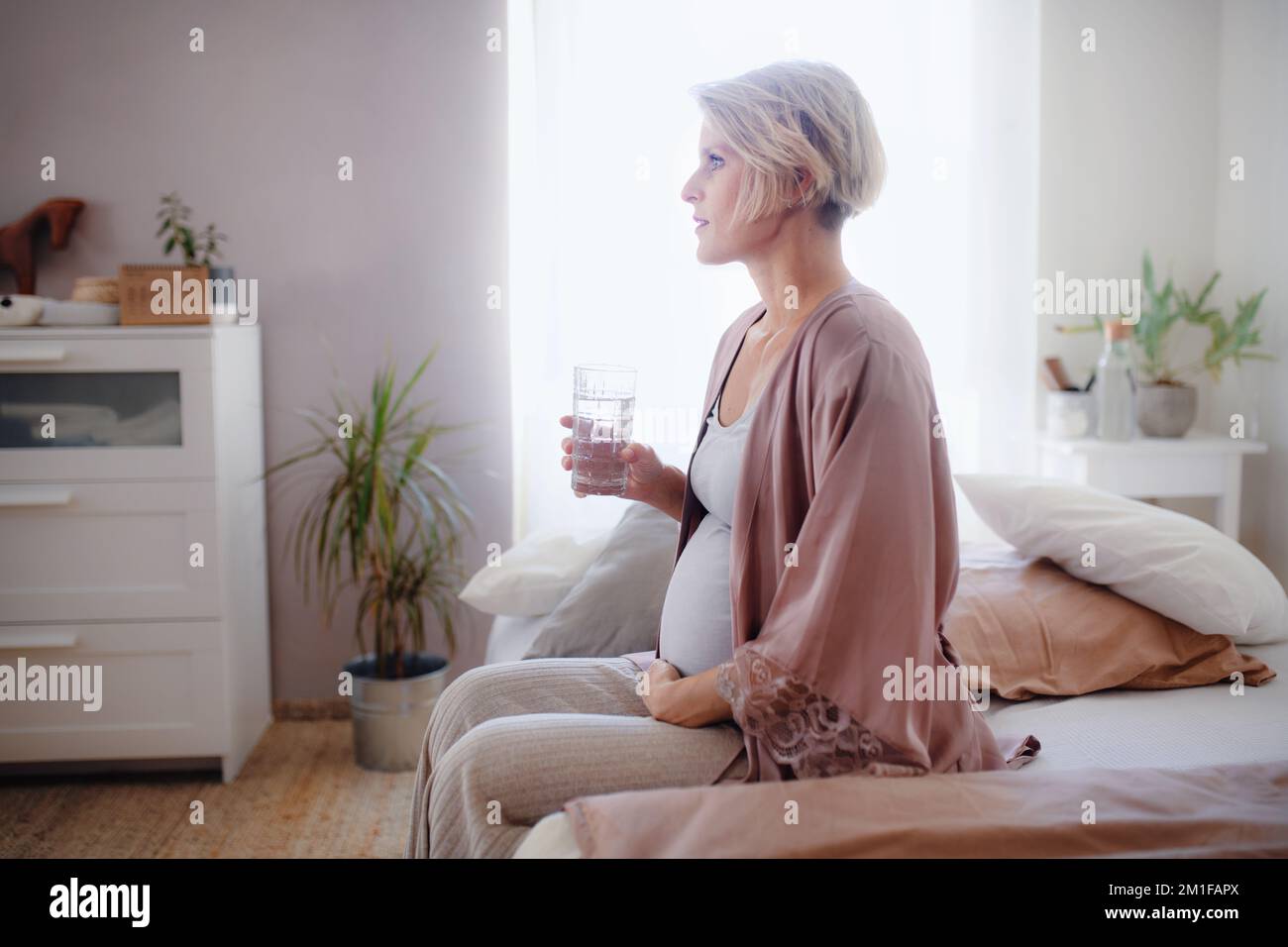 Pregnant woman drinking water in her bed, at morning. Healthy lifestyle