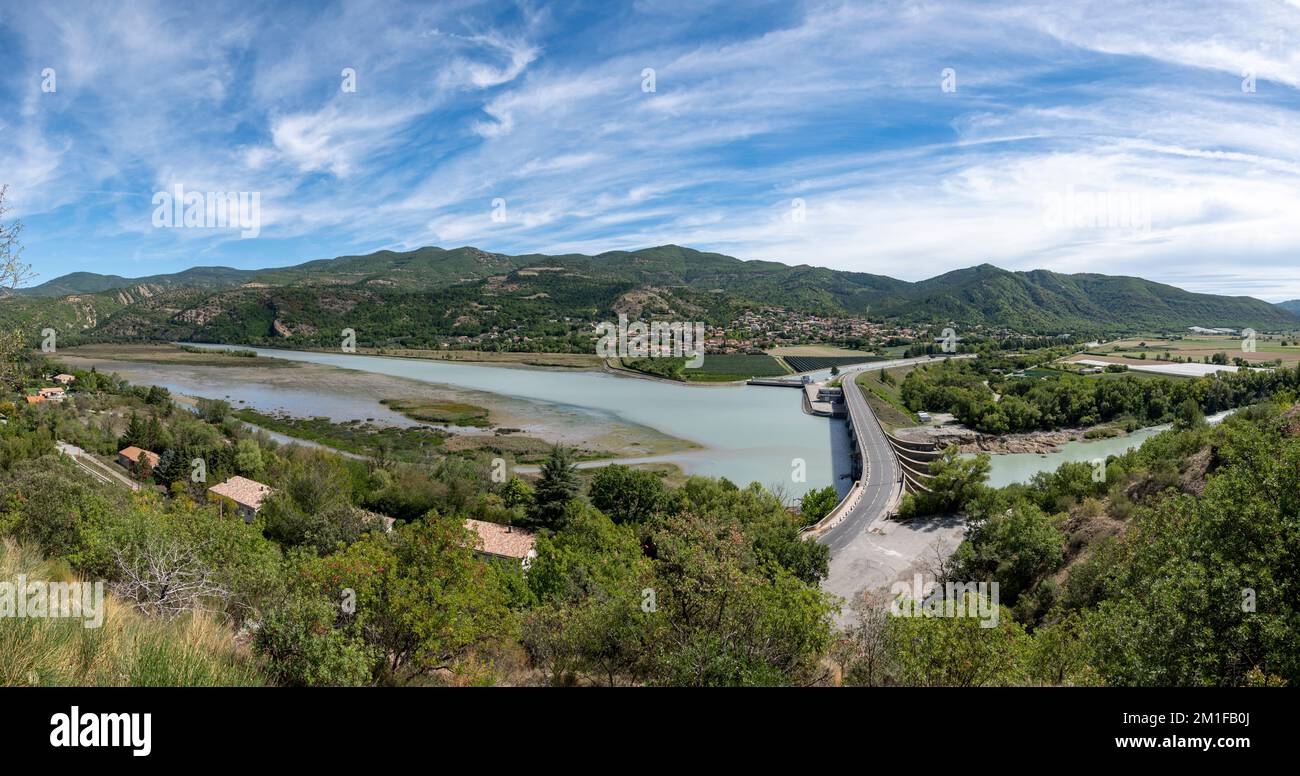 Panoramic view of the Durance river and EDF Dam, Chateau-Arnoux-Saint-Auban, Provence Alpes Cote d'Azur, France Stock Photo