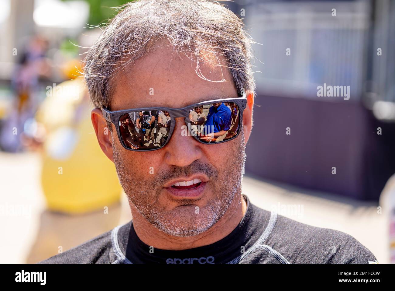 JUAN PABLO MONTOYA (6) of Bogota, Columbia takes questions from the media before the Indianapolis 500 at Indianapolis Motor Speedway in Indianapolis, Indiana, USA. Stock Photo