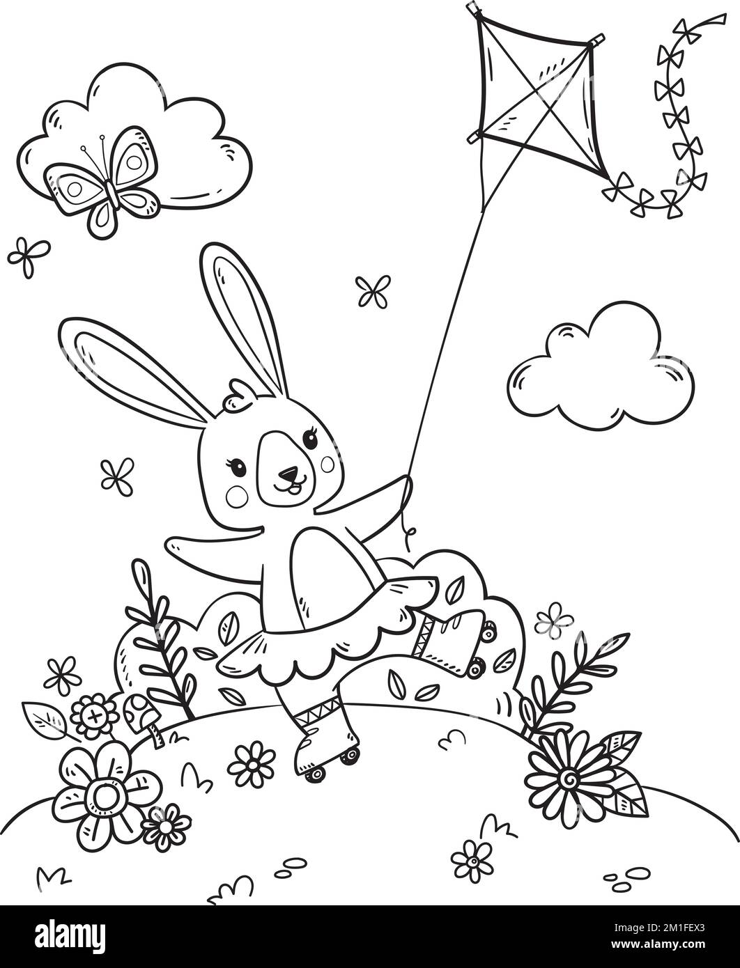 Rollerskating bunny coloring page illustration Stock Vector
