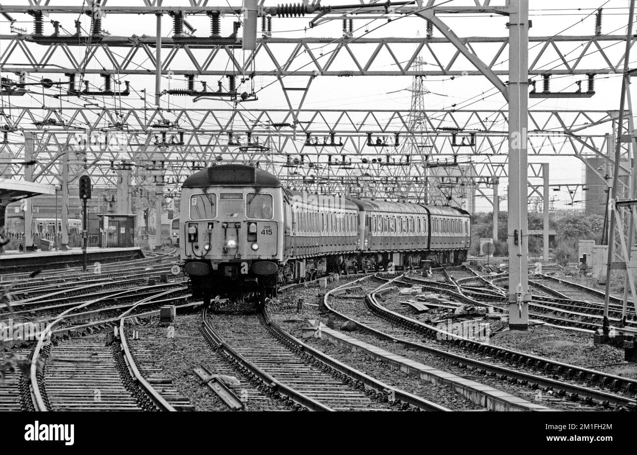 A pair of Class 305 electric multiple units numbers 305415 and 305402 at Stratford in east London on the 28th June 1991. Stock Photo