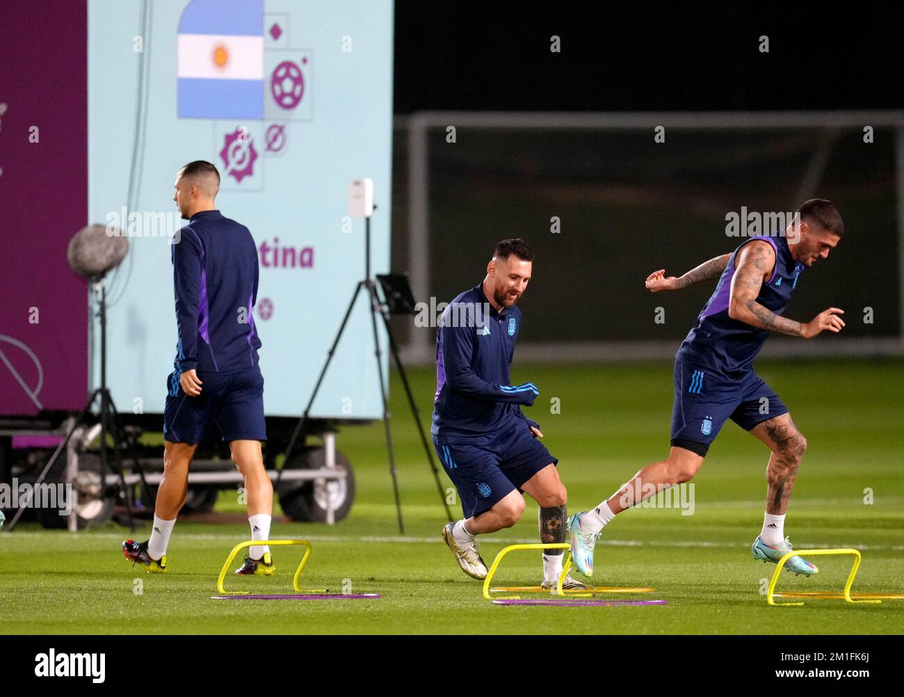 Argentina's Lionel Messi (centre) during a training session at Qatar ...