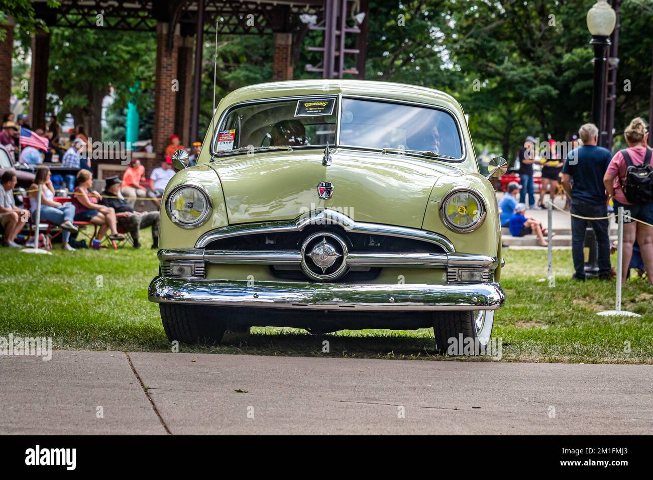 Des Moines, IA July 03, 2022 Wide angle front view of a 1950 Ford