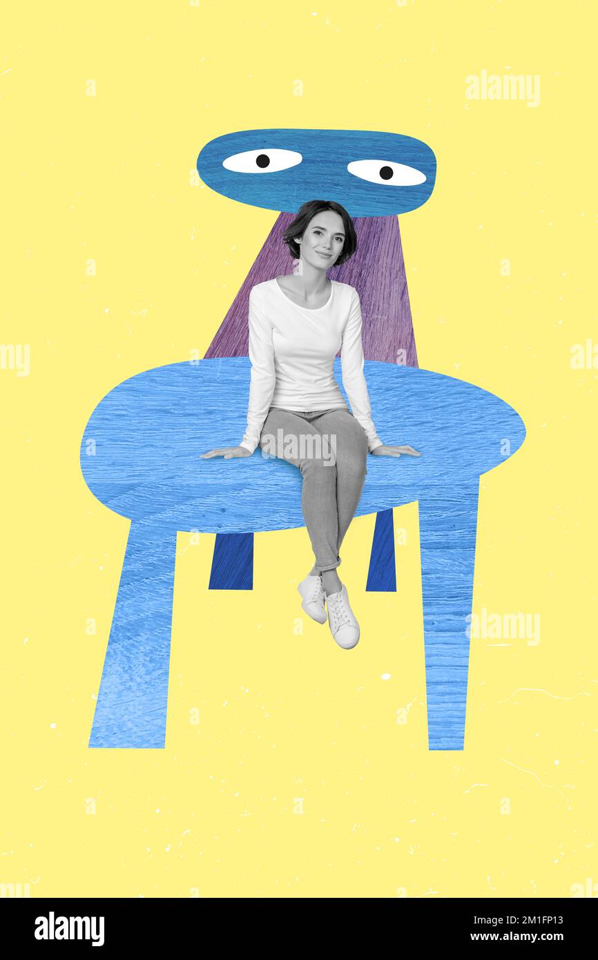 Vertical collage image of black white gamma mini girl sit big drawing chair eyes watch look isolated on painted background Stock Photo