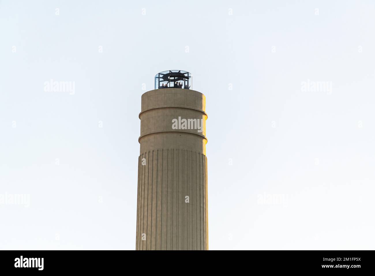 Lift 109 on top of the observation Chimney at Battersea Power Station. Dec 2022. Stock Photo