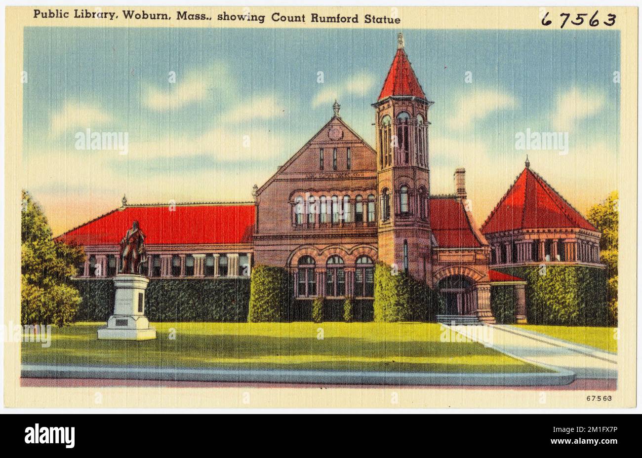 Public library, Woburn, Mass., showing Count Rumford Statue , Public libraries, Tichnor Brothers Collection, postcards of the United States Stock Photo