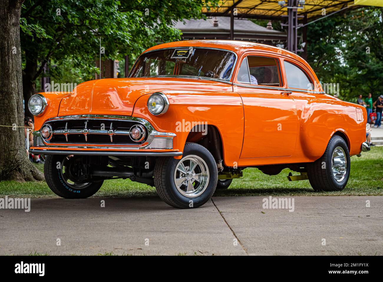 Des Moines, IA - July 03, 2022: Low perspective front corner view of a 1953 Chevrolet BelAir Sport Coupe at a local car show. Stock Photo