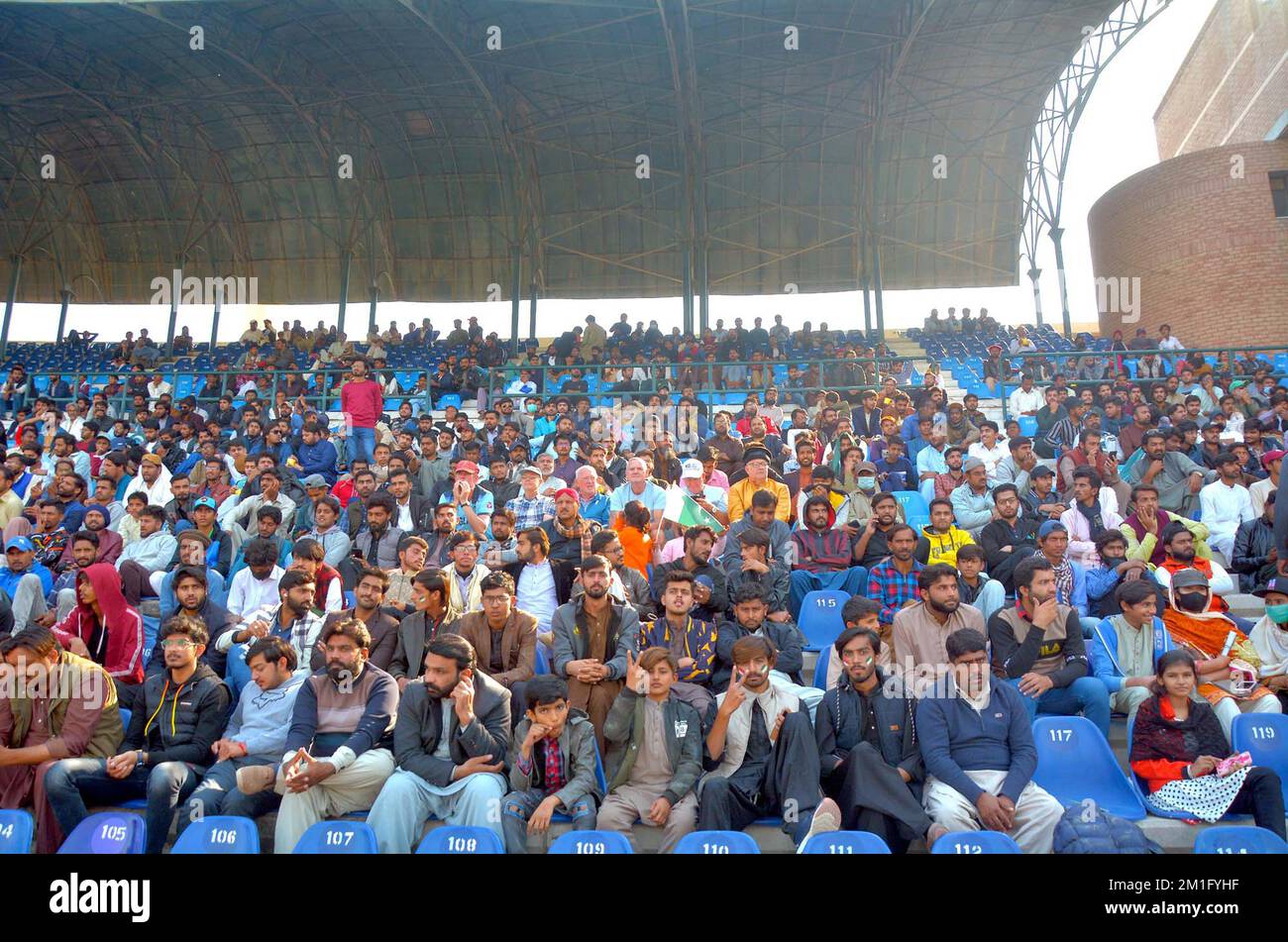 Cricket lovers are enjoying the fourth day of 2nd Test Match between Pakistan and England held at Multan Cricket Stadium on Monday, December 12, 2022. Stock Photo