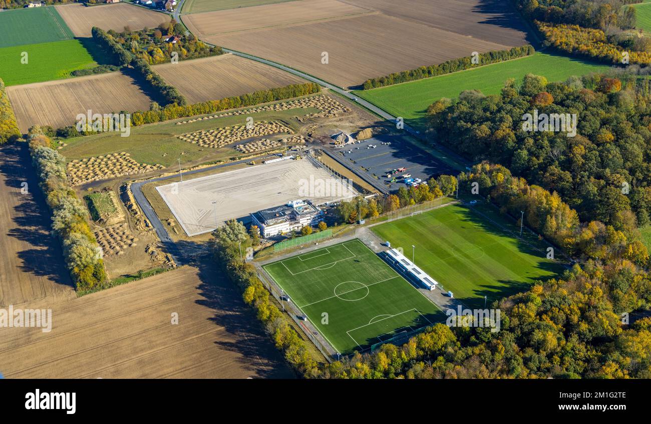 Aerial view, construction site and new building sports field with stands and a club building with sports day care center Papenloh An der Lohschule in Stock Photo