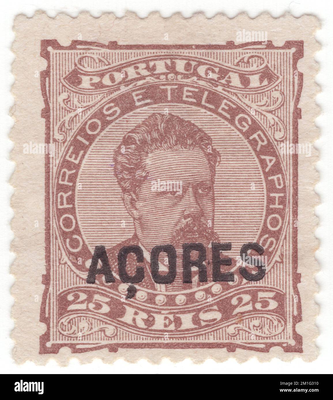 AZORES - 1882: An 25 reis brown postage stamp depicting portrait of King Luiz (Dom Luís I). Stamps of Portugal overprinted in black 'ACORES'. Dom Luís I (31 October 1838, in Lisbon – 19 October 1889, in Cascais), known as The Popular was a member of the ruling House of Braganza, and King of Portugal from 1861 to 1889. The second son of Queen Maria II and her consort, King Ferdinand, he acceded to the throne upon the death of his elder brother King Pedro V. Luís was a cultured man who wrote vernacular poetry, but had no distinguishing gifts in the politics Stock Photo