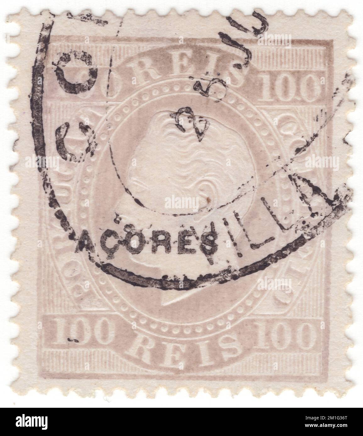 AZORES - 1882: An 100 reis lilac postage stamp depicting portrait of King Luiz (Dom Luís I). Stamps of Portugal overprinted in black 'ACORES'. Dom Luís I (31 October 1838, in Lisbon – 19 October 1889, in Cascais), known as The Popular was a member of the ruling House of Braganza, and King of Portugal from 1861 to 1889. The second son of Queen Maria II and her consort, King Ferdinand, he acceded to the throne upon the death of his elder brother King Pedro V. Luís was a cultured man who wrote vernacular poetry, but had no distinguishing gifts in the politics Stock Photo