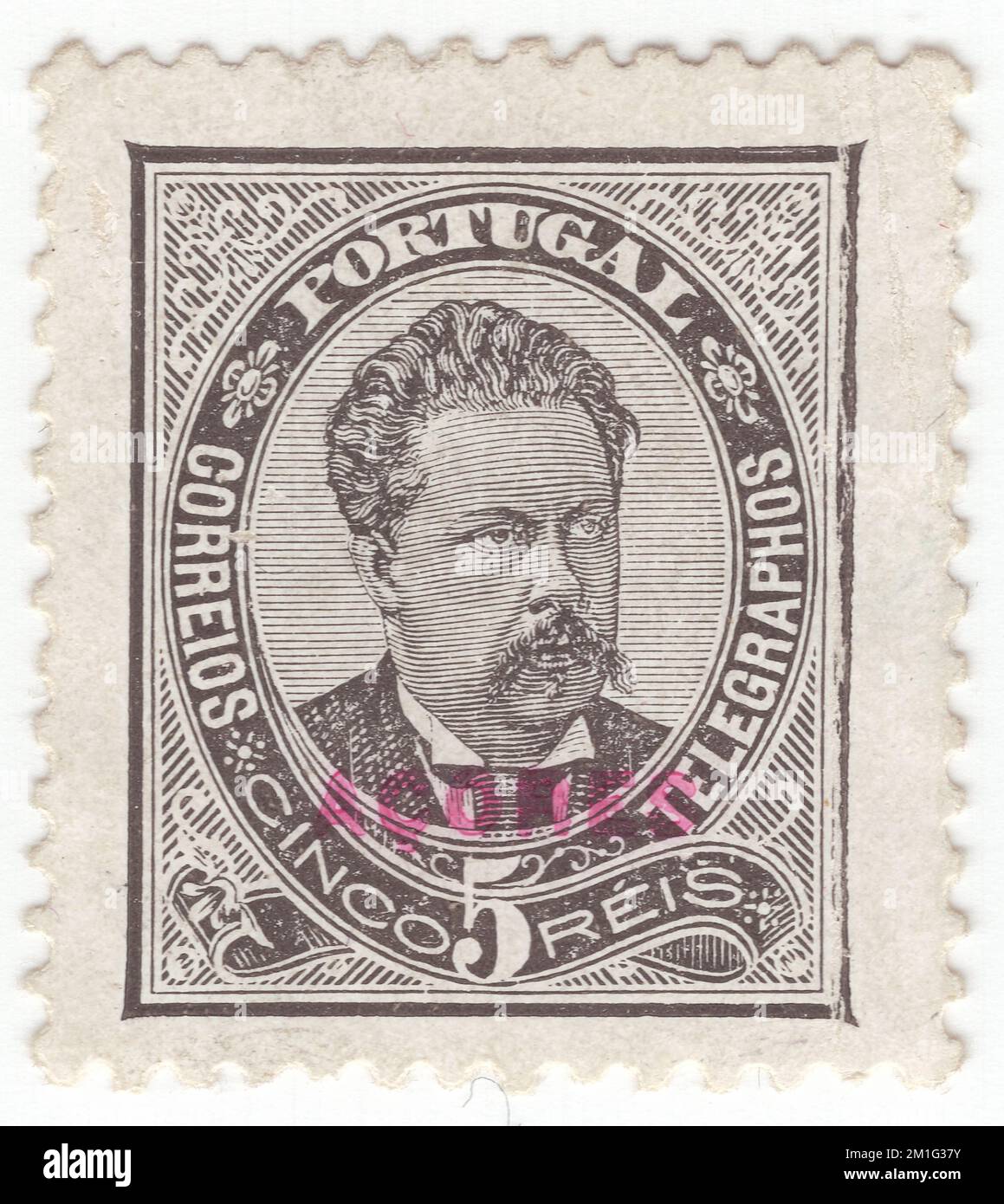 AZORES - 1882: An 5 reis slate postage stamp depicting portrait of King Luiz (Dom Luís I). Stamps of Portugal overprinted in red 'ACORES'. Dom Luís I (31 October 1838, in Lisbon – 19 October 1889, in Cascais), known as The Popular was a member of the ruling House of Braganza, and King of Portugal from 1861 to 1889. The second son of Queen Maria II and her consort, King Ferdinand, he acceded to the throne upon the death of his elder brother King Pedro V. Luís was a cultured man who wrote vernacular poetry, but had no distinguishing gifts in the politics Stock Photo